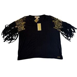 Michael Kors Black Gold Studded‎ Fringe T-Shirt Women's Size Small Glam Party